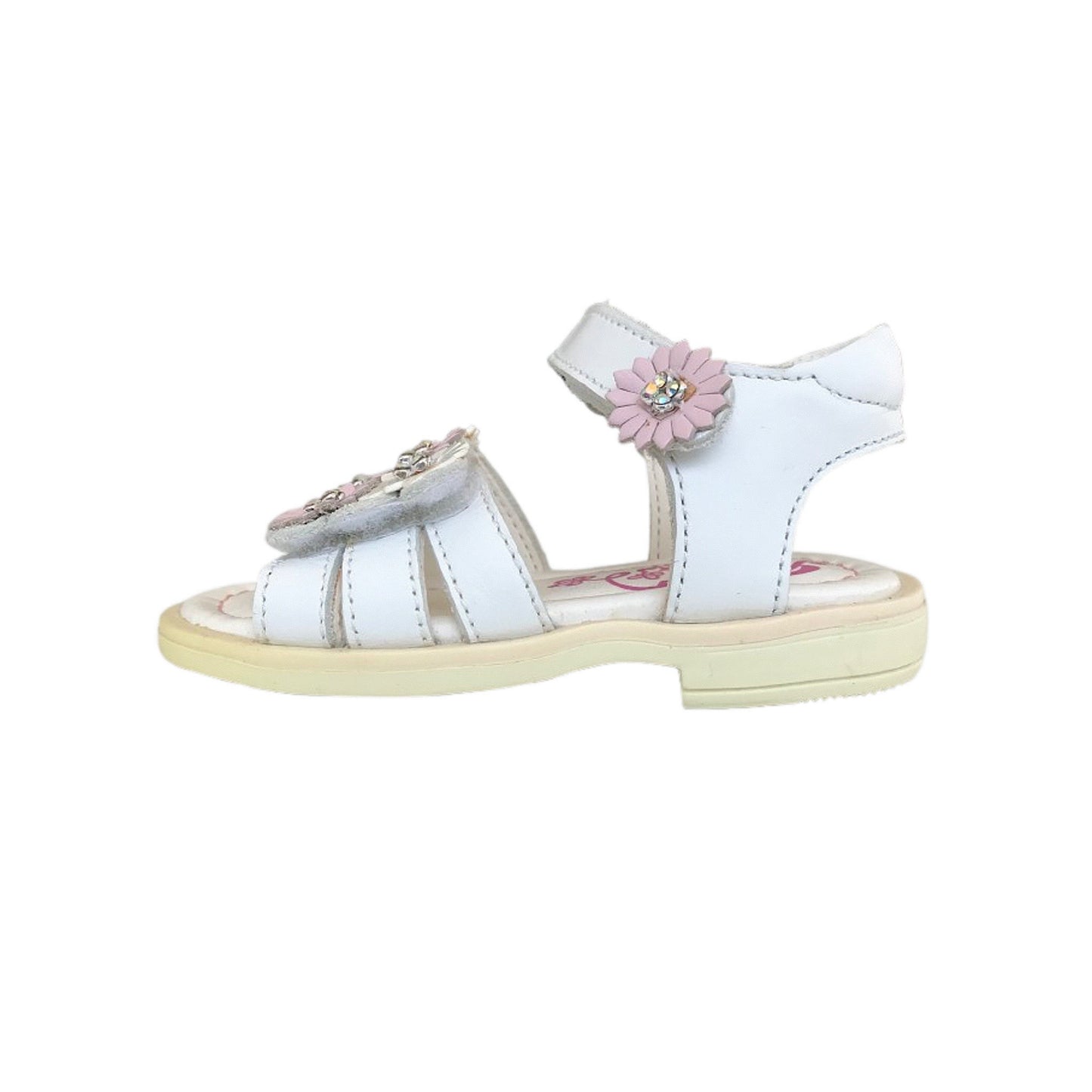 Sandali Bambina Primigi in Vera Pelle, Bianco con Applicazioni di Fiori Rosa e Bianchi, Chiusura a Strappo