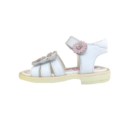 Sandali Bambina Primigi in Vera Pelle, Bianco con Applicazioni di Fiori Rosa e Bianchi, Chiusura a Strappo