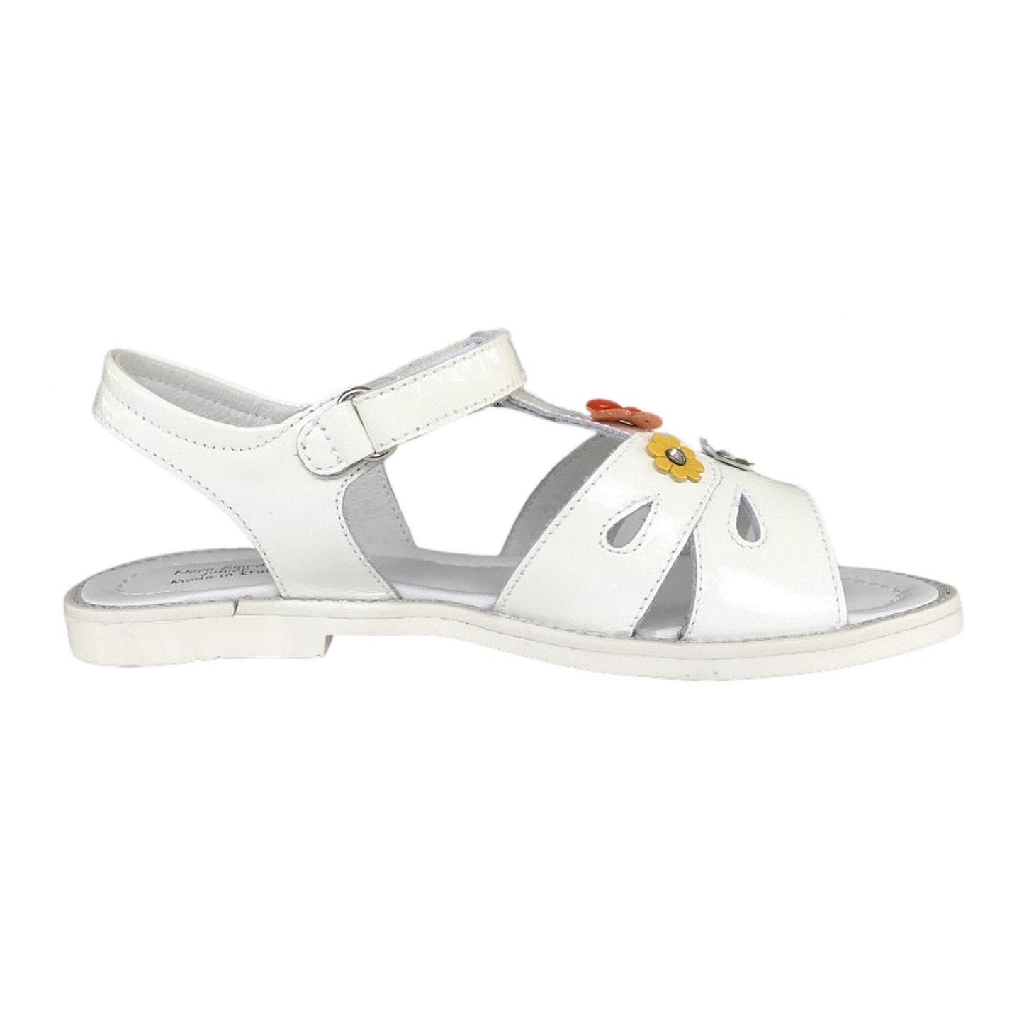 Sandali Bambina NeroGiardini in Pelle Verniciata, Bianco, con Decorazioni Floreali, Chiusura a Strappo