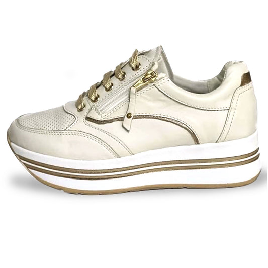 Sneakers Donna Cinzia Soft IV919575 Bianco Latte, Lacci e Zip Laterale, Vera Pelle, Fondo Platform, Dettagli Oro - Eleganti e Comode