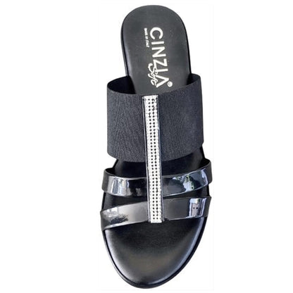 Ciabatte con zeppa Donna CinziaSoft 3265 Fascia elasticizzata Nero con strass argento