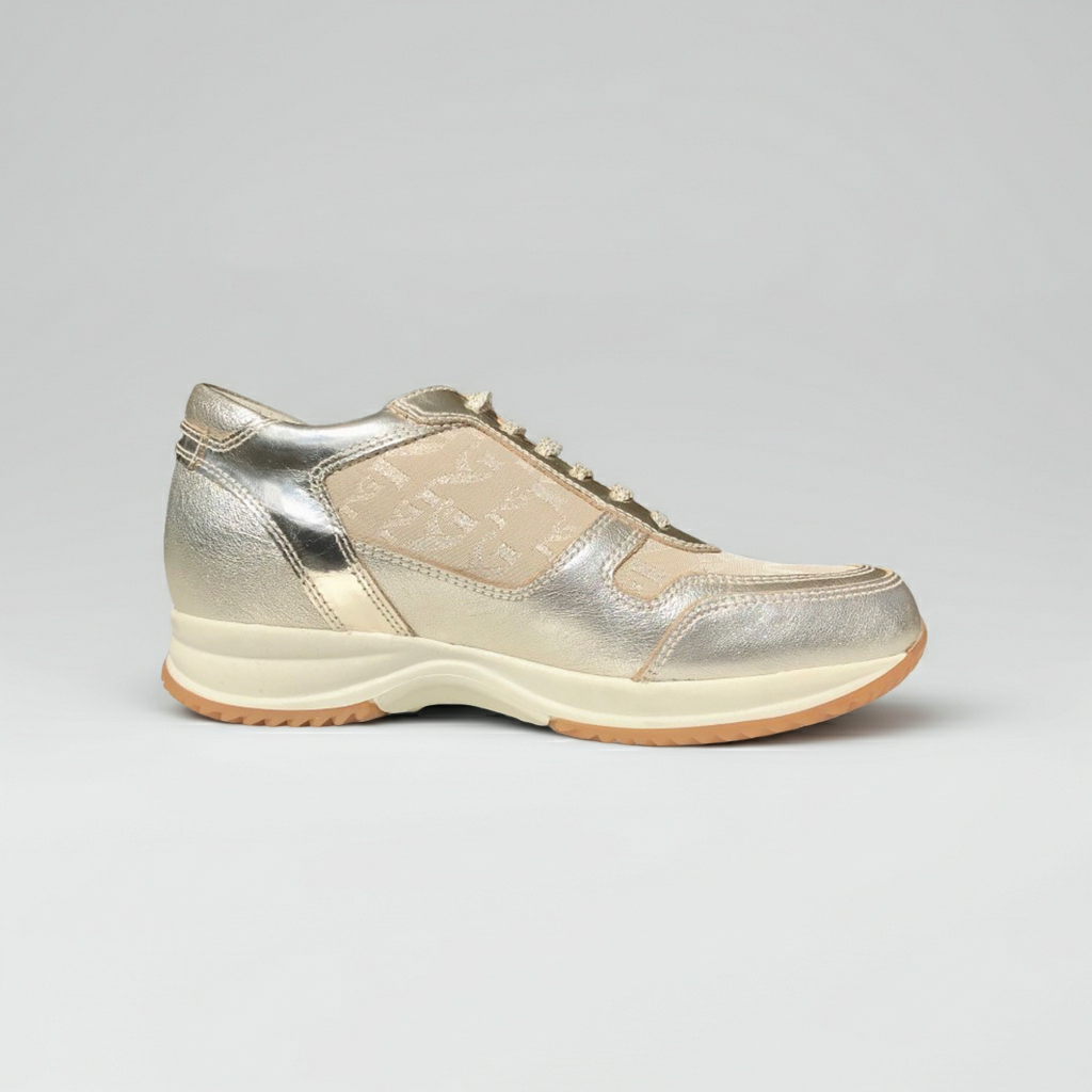 Sneakers Donna NeroGiardini 00256, Vera Pelle, Tessuto Monogram, Platino
