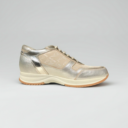 Sneakers Donna NeroGiardini 00256, Vera Pelle, Tessuto Monogram, Platino