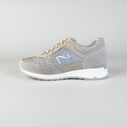 Sneakers Donna NeroGiardini P308393D Vera Pelle con paillettes Beige Vapore, Numero 36 EU