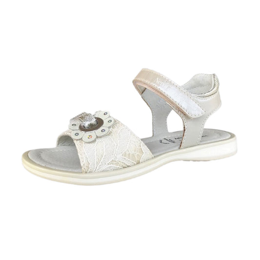 Sandali Bambina Eleganti in Pizzo, Colore Avorio, con Cinturino a Strappo