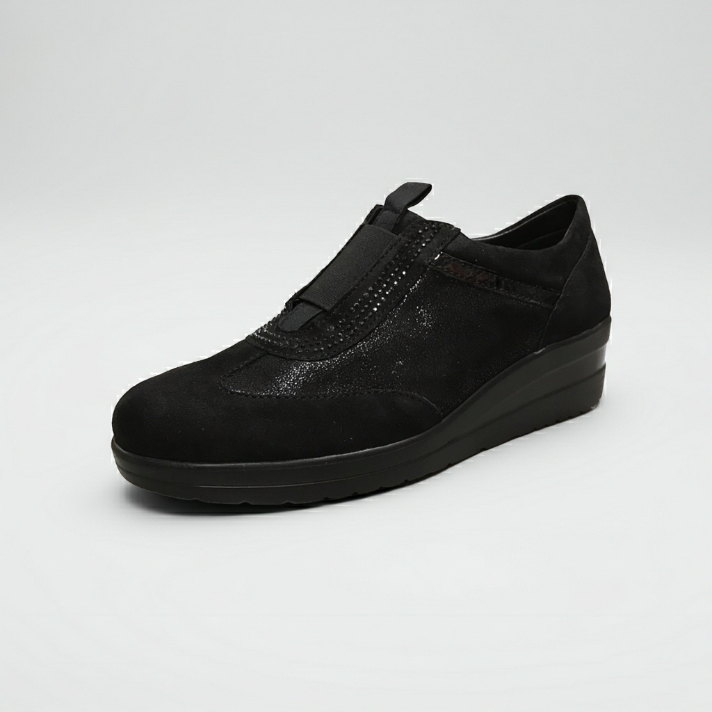 Sneakers Donna Cinzia Soft 235 - Vera Pelle Camoscio Laminata, Nero, Zeppa 4 cm, Elastico