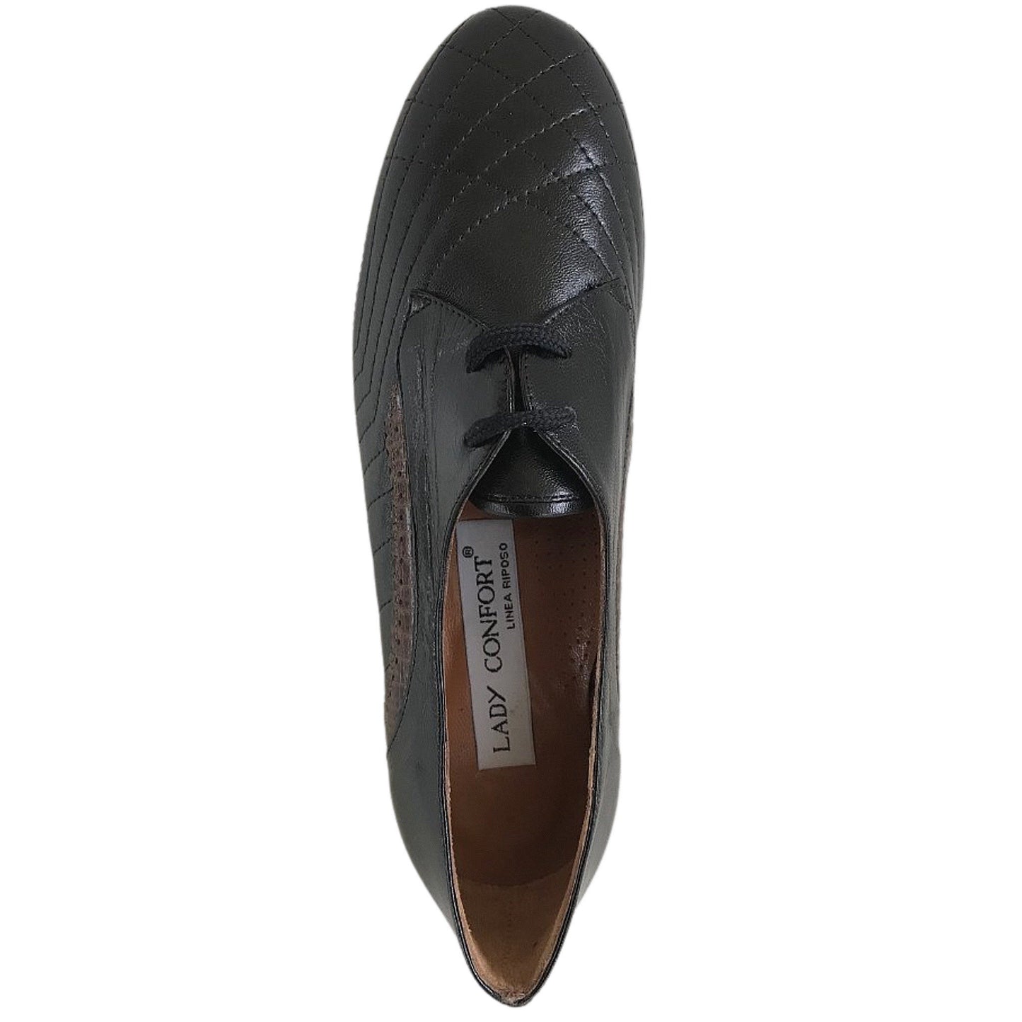 Scarpe Donna Lady Confort 1447, tacco 3 cm, Vera Pelle, Nero, riporto laterale color cuoio, con lacci - 35 EU
