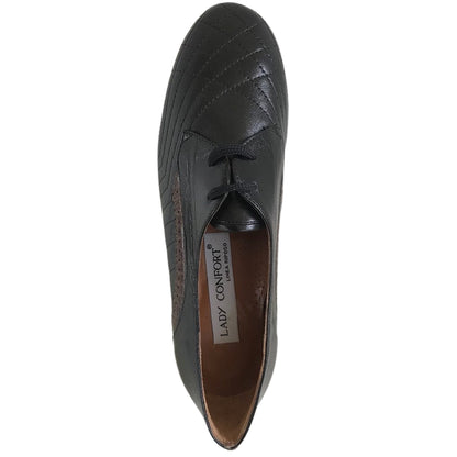 Scarpe Donna Lady Confort 1447, tacco 3 cm, Vera Pelle, Nero, riporto laterale color cuoio, con lacci - 35 EU