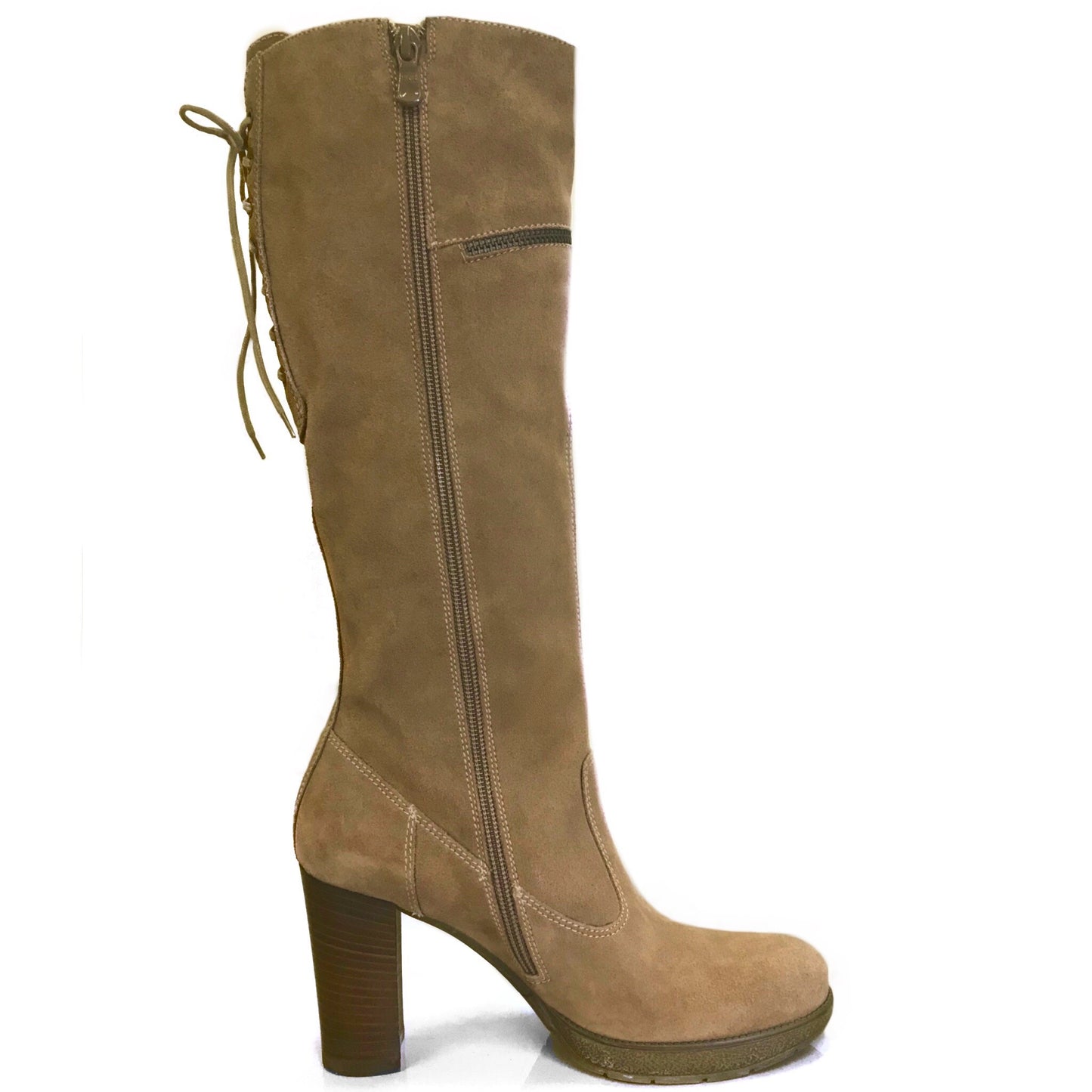 Stivali Donna NeroGiardini A005205D Vera Pelle Scamosciata, Tacco alto a blocco, Plateau, Cerniera Zip, Lacci - Colore Beige Cammello