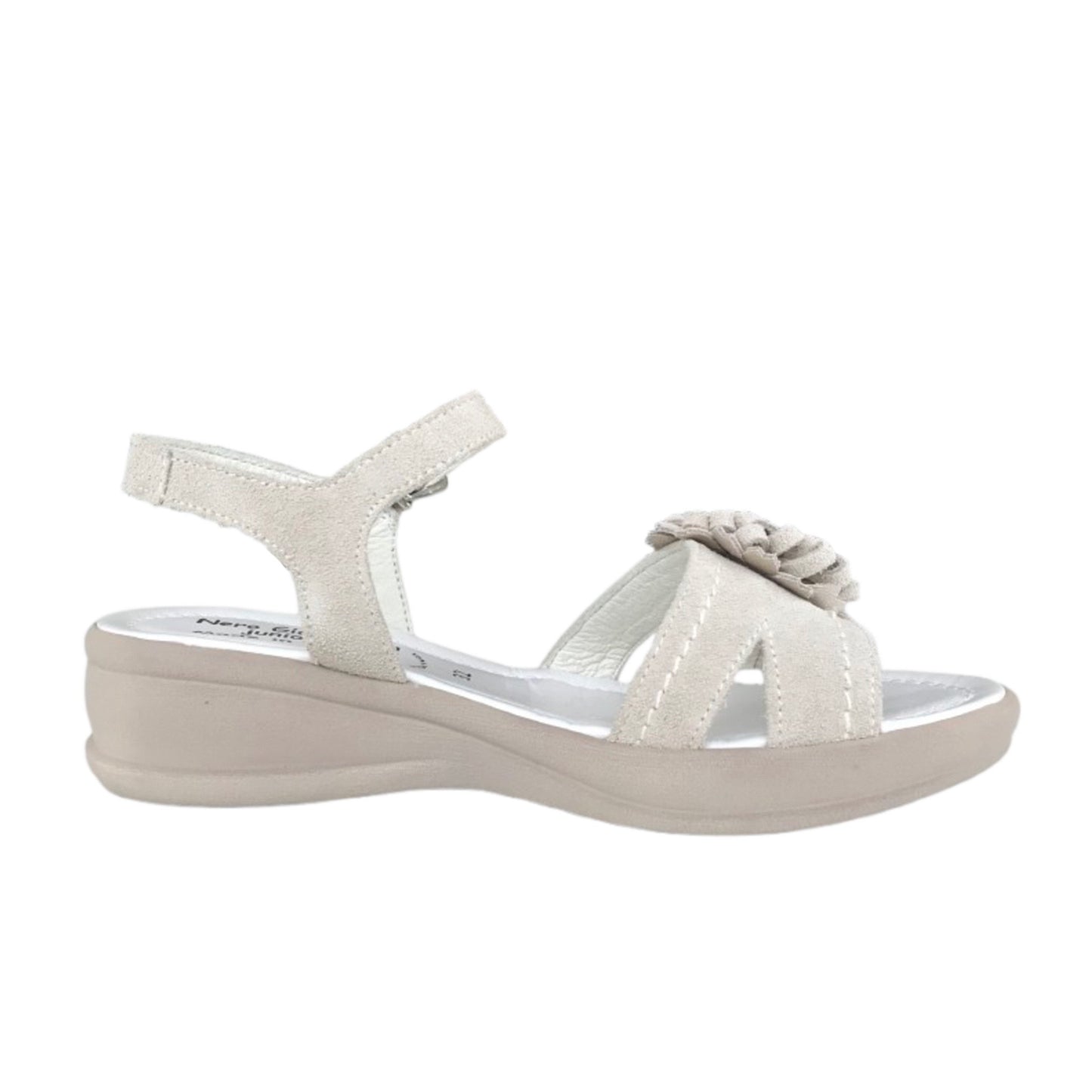 Sandali Bambina in Vera Pelle con Fiore Decorativo, Beige, Zeppa Comfort, 32 EU