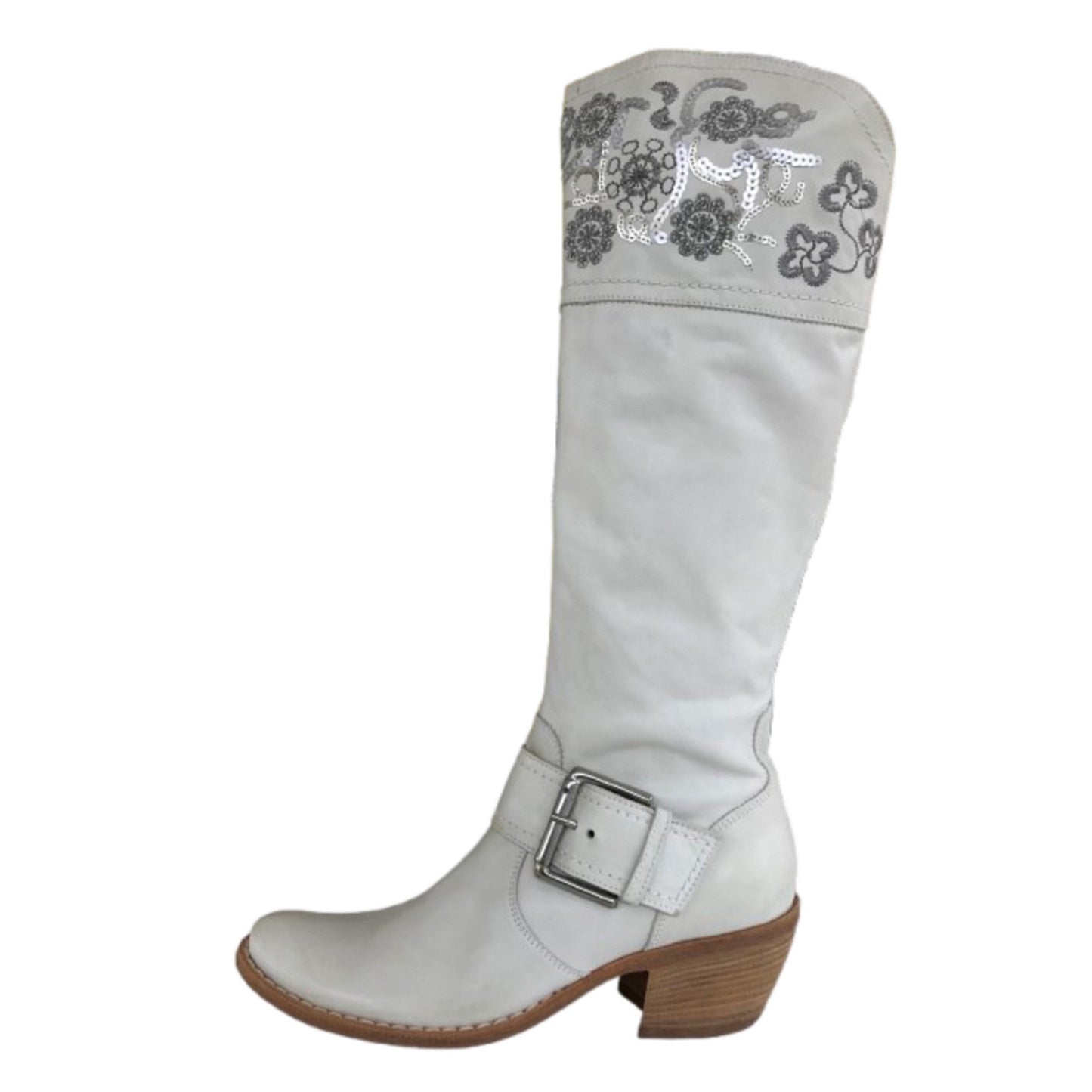 Stivali Texani Donna NeroGiardini 00781 Vera Pelle Bianco Ghiaccio Ricami Argento