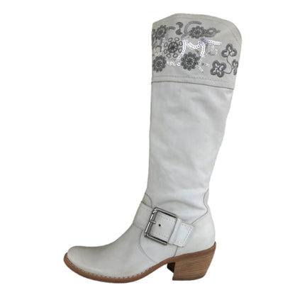 Stivali Texani Donna NeroGiardini 00781 Vera Pelle Bianco Ghiaccio Ricami Argento