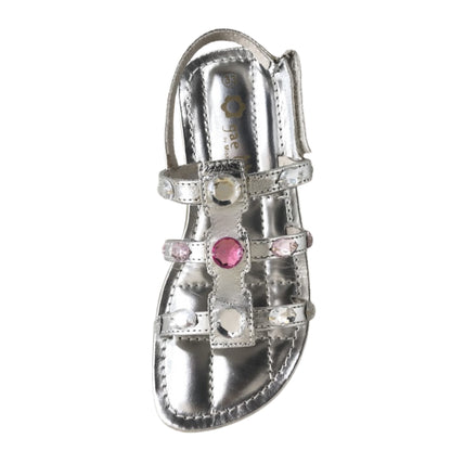 Sandali Bambina Gae Lilì Vera Pelle, Argento con Cristalli Decorativi Rosa e Argento, Chiusura a strappo, 33 EU