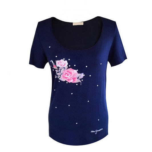 T-Shirt Donna NeroGiardini P561903D Blu con rose ricamate e pois