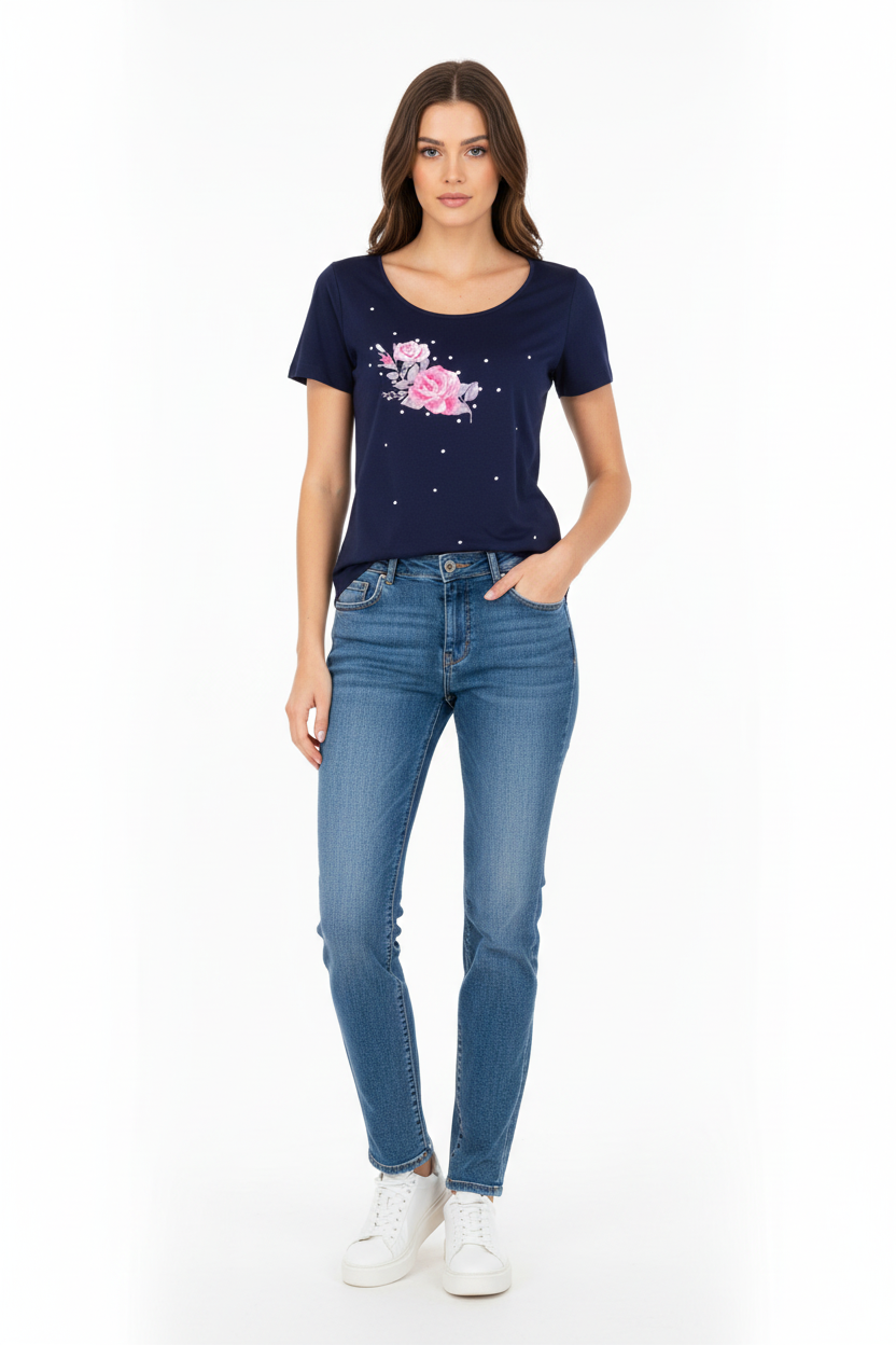 T-Shirt Donna NeroGiardini P561903D Blu con rose ricamate e pois