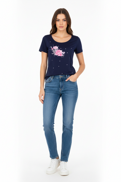 T-Shirt Donna NeroGiardini P561903D Blu con rose ricamate e pois