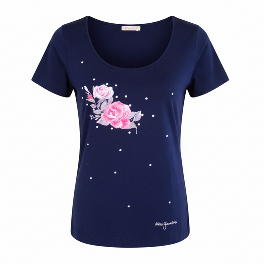 T-Shirt Donna NeroGiardini P561903D Blu con rose ricamate e pois