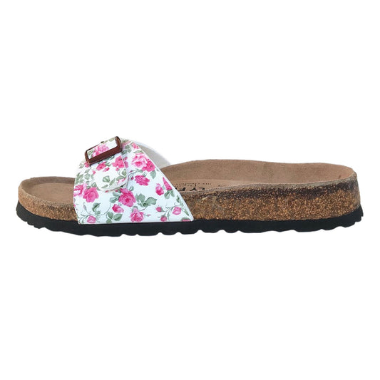 Ciabatte Floreali Donna con Soletta in Vera Pelle, Cinturino Bianco Floreale fucsia, Fibbia Bordeaux, Plantare Anatomico