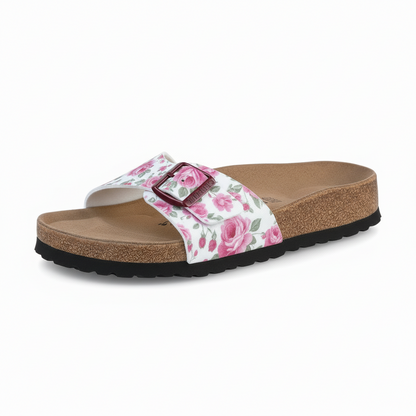 Ciabatte Floreali Donna con Soletta in Vera Pelle, Cinturino Bianco Floreale fucsia, Fibbia Bordeaux, Plantare Anatomico