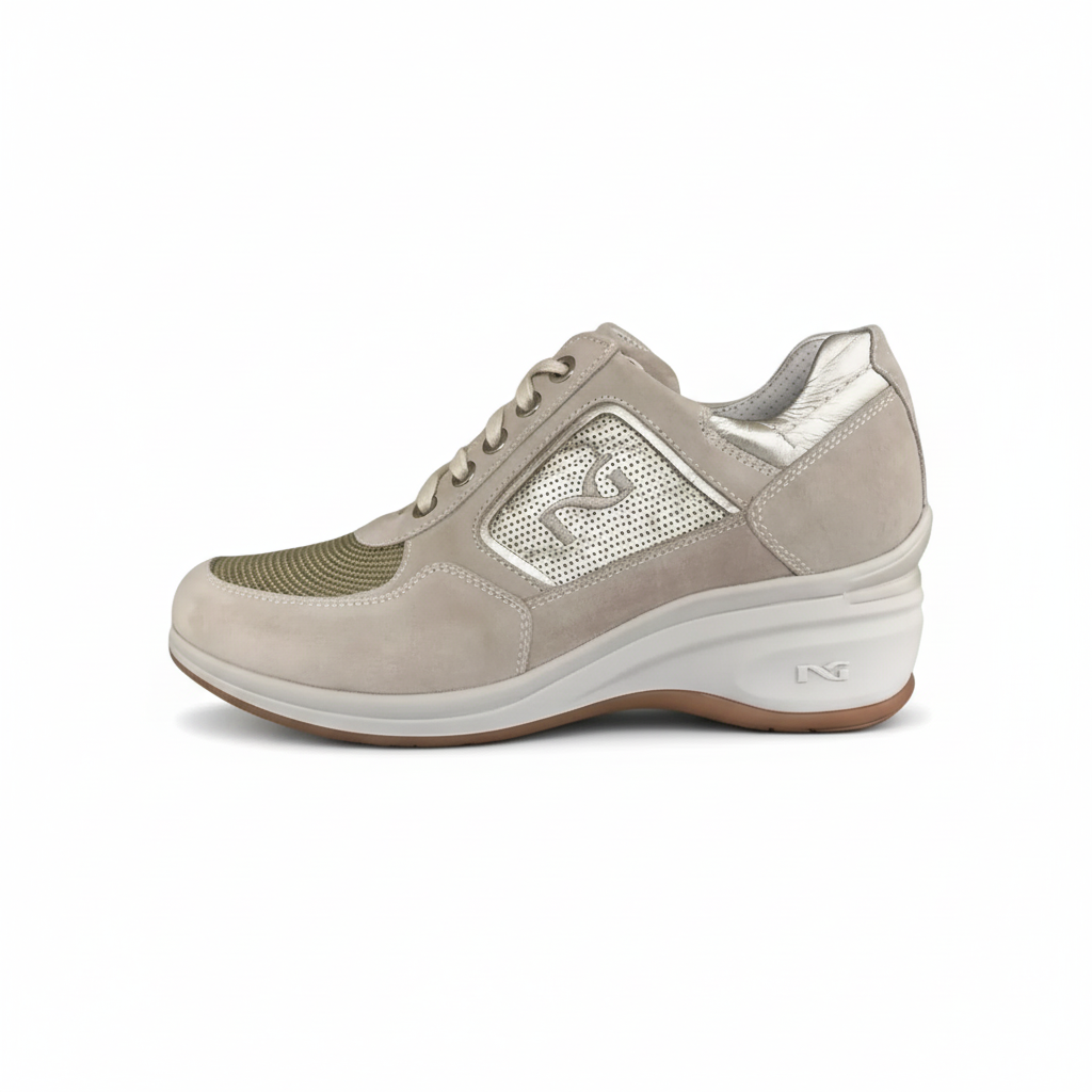 Sneakers Donna NeroGiardini P207010D Vera Pelle Beige Avorio con paillettes platino e zeppa - 39 (EU)