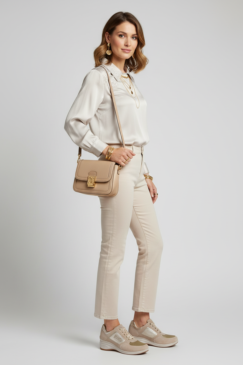 Sneakers Donna NeroGiardini P207010D Vera Pelle Beige Avorio con paillettes platino e zeppa - 39 (EU)