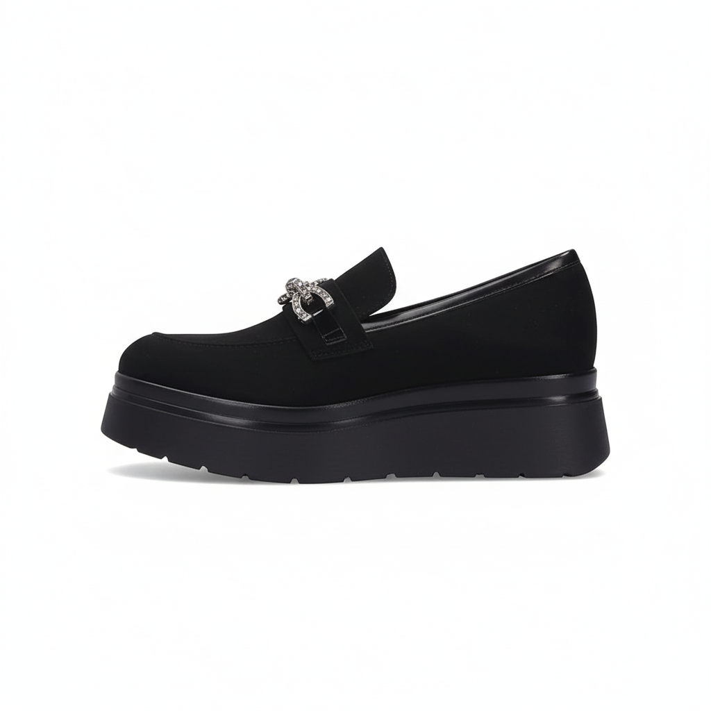 Mocassini Donna Cinzia Soft MM2C4389 con Catena Gioiello, Vera Pelle Scamosciata, Fondo Platform, Nero - Eleganti e Comodi