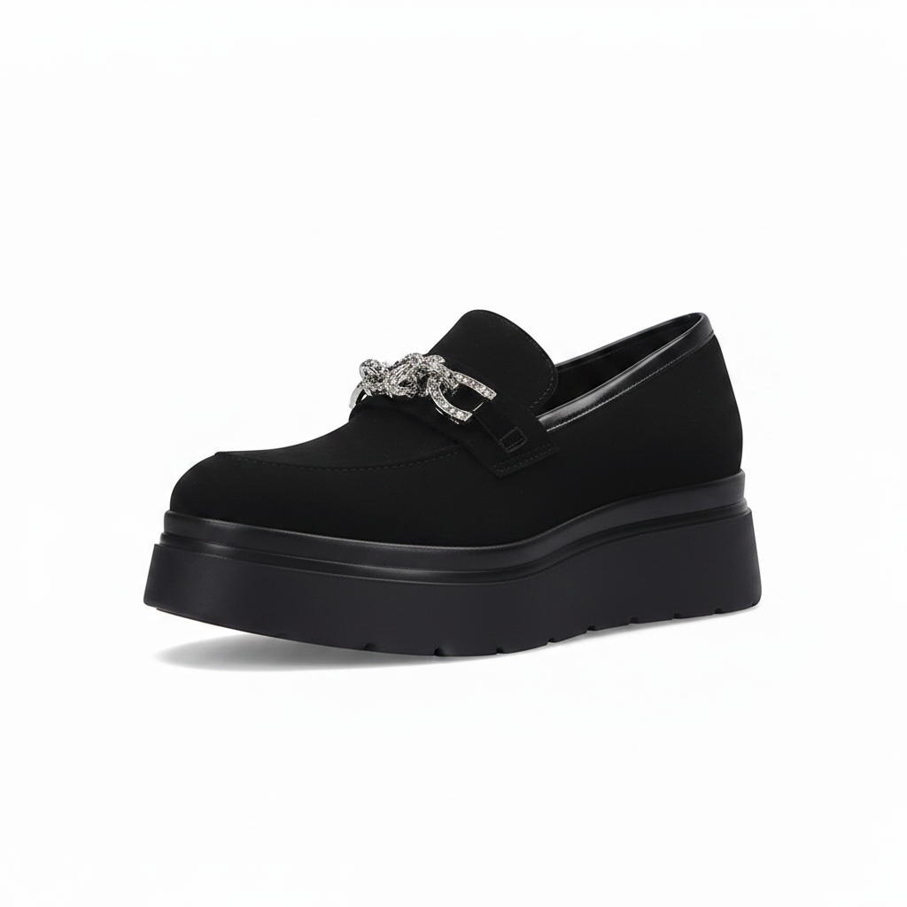 Mocassini Donna Cinzia Soft MM2C4389 con Catena Gioiello, Vera Pelle Scamosciata, Fondo Platform, Nero - Eleganti e Comodi