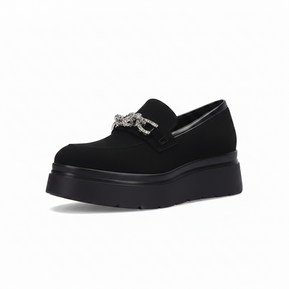 Mocassini Donna Cinzia Soft MM2C4389 con Catena Gioiello, Vera Pelle Scamosciata, Fondo Platform, Nero - Eleganti e Comodi