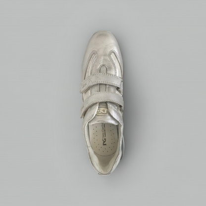 Sneakers basse donna NeroGiardini 279, con doppio strappo, Vera pelle e Tessuto Monogram, Argento, 36 EU