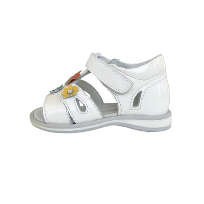 Sandali Bambina NeroGiardini in Pelle, Bianco con Applicazioni Floreali Colorate, Chiusura a Strappo
