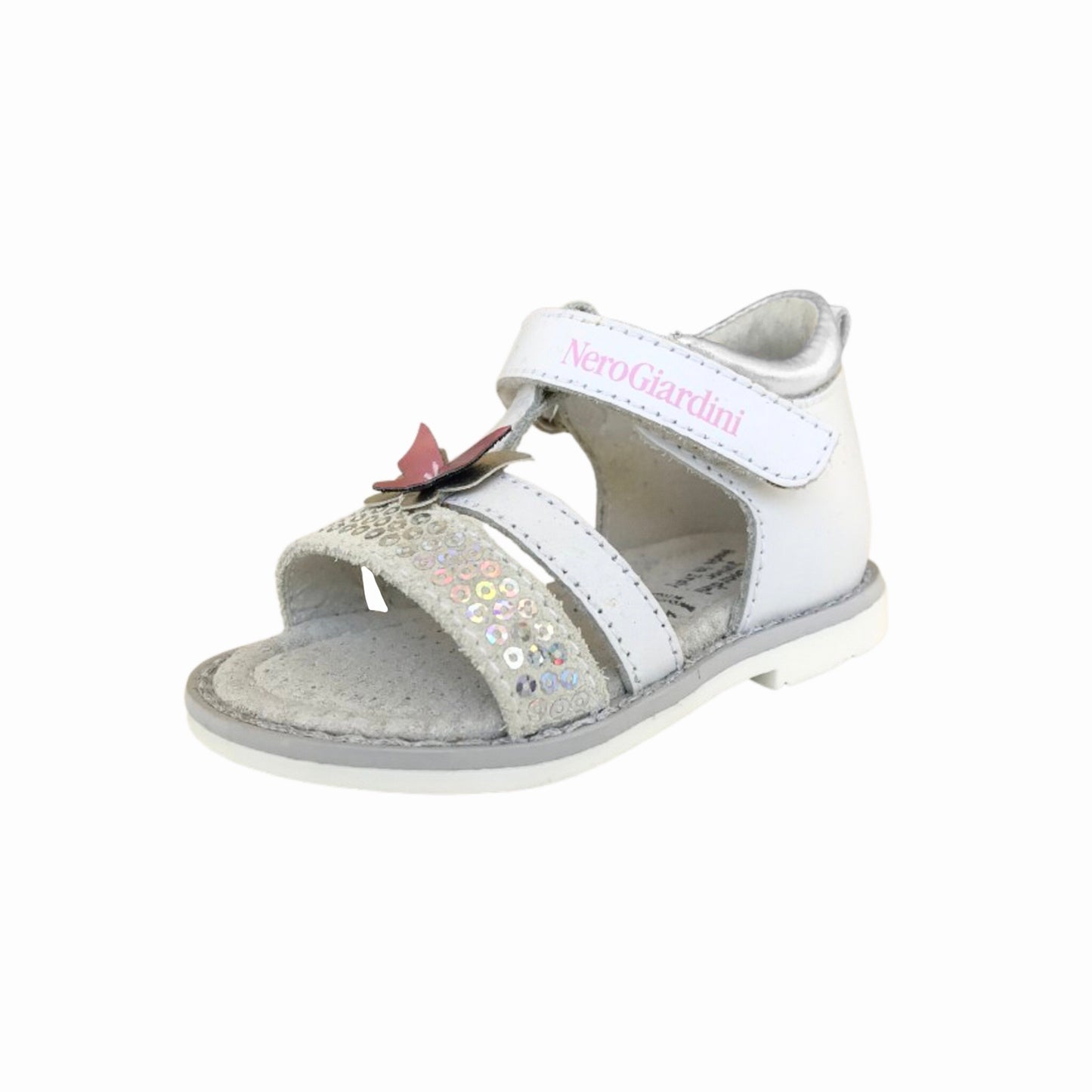 Sandali Bambina, Nero Giardini, P621570F, Vera Pelle, Bianco, Applicazione Farfalla, Paillettes