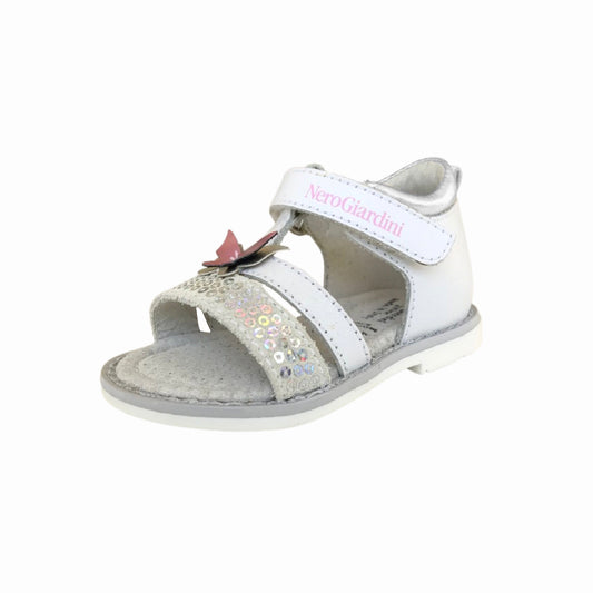 Sandali Bambina, Nero Giardini, P621570F, Vera Pelle, Bianco, Applicazione Farfalla, Paillettes