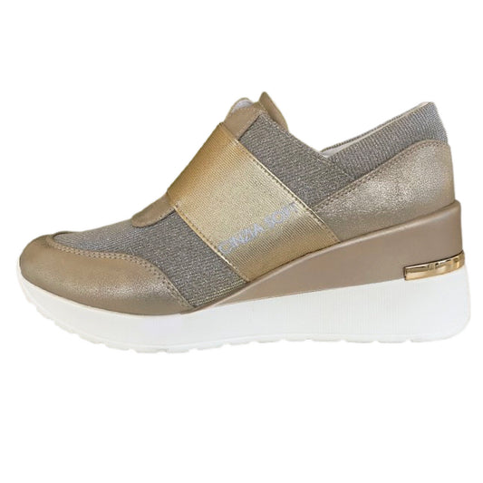 Sneakers Donna Cinzia Soft con Zeppa, Vera Pelle e Tessuto Platino - 38 EU