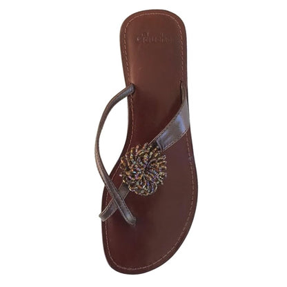 Ciabatte infradito El Gaucho Brown con fiore di perline Vera Pelle Fondo Vero Cuoio