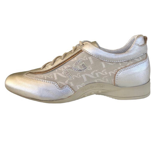 Sneakers basse Donna NeroGiardini 00285 Vera Pelle Platino Lamè Oro Monogram