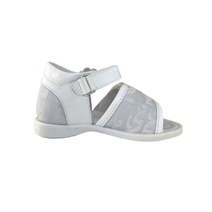 Sandali Bambina NeroGiardini Vera Pelle Naplak, Tessuto Argento Jaquard Monogram, Decorazione Floreale