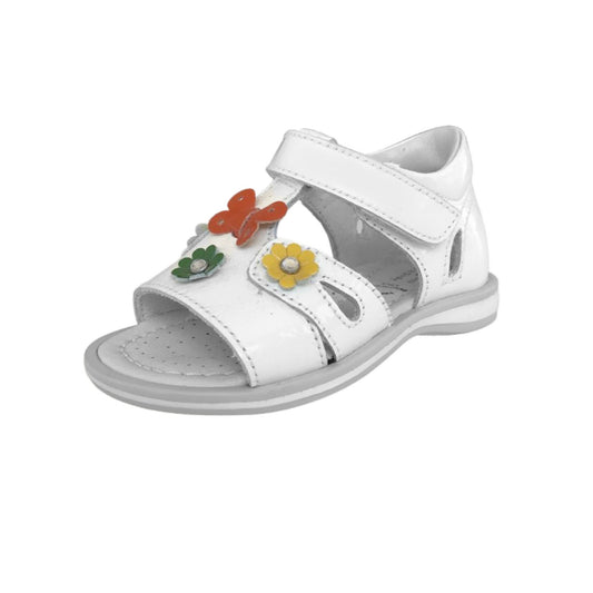 Sandali Bambina NeroGiardini in Pelle, Bianco con Applicazioni Floreali Colorate, Chiusura a Strappo