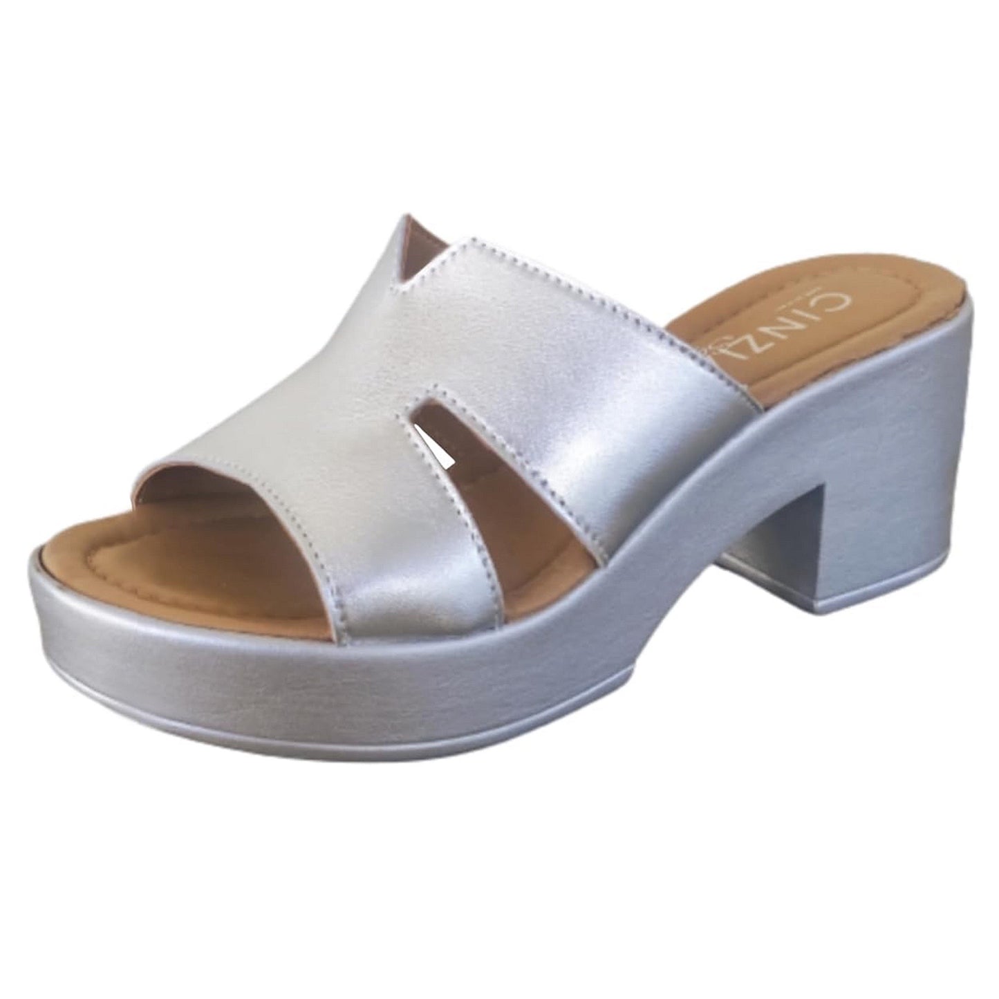 Ciabatte Donna Cinzia Soft 342 vera pelle argento, tacco a blocco con plateau