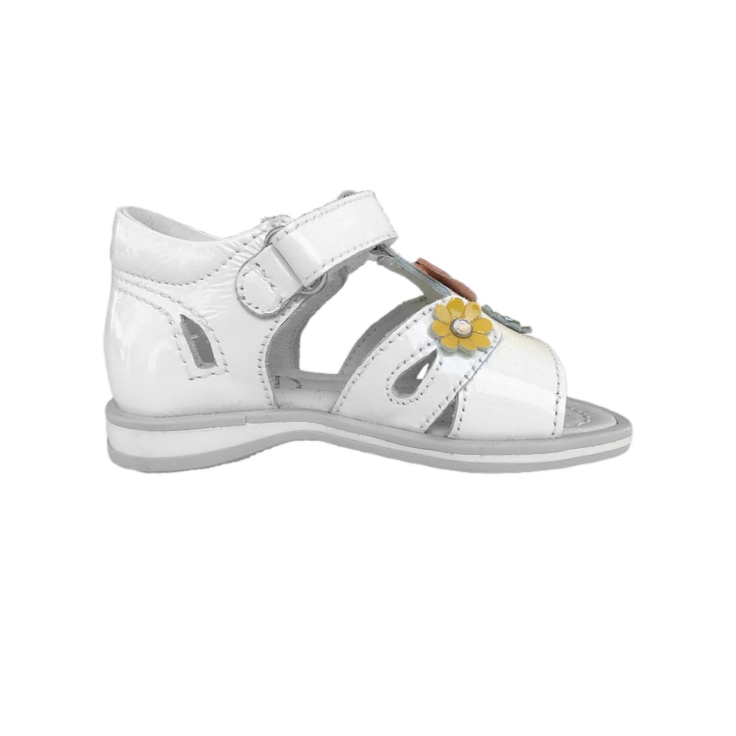 Sandali Bambina NeroGiardini in Pelle, Bianco con Applicazioni Floreali Colorate, Chiusura a Strappo