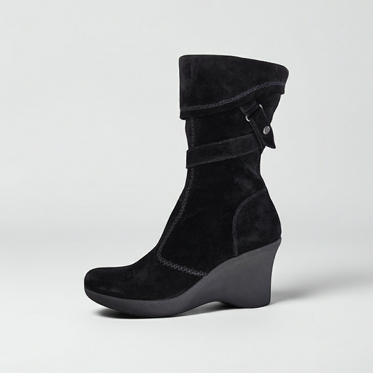 Stivaletti NeroGiardini 00102 con zeppa, zip, Vera Pelle Scamosciata, Nero