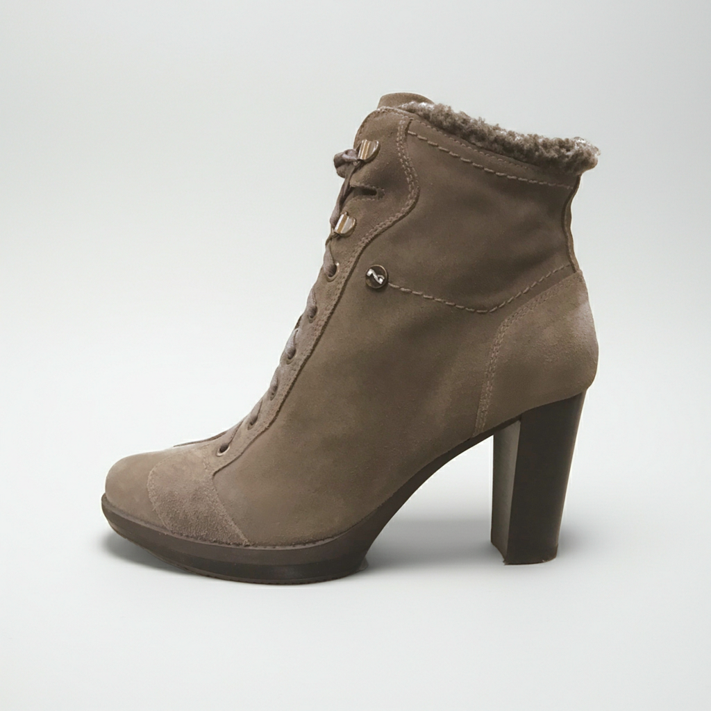 Stivaletti Donna NeroGiardini A207822D - Tacco 8 cm con Plateau, Cerniera Laterale, Lacci, Vera Pelle Scamosciata, Color Verdegris Tortora - Numero 37