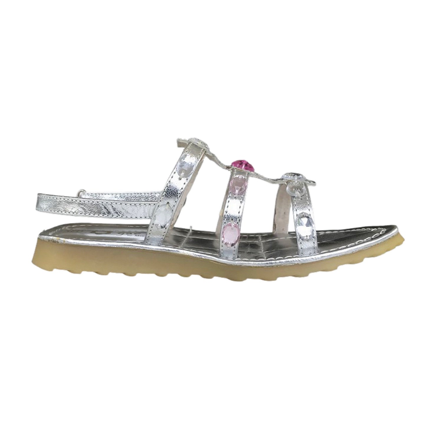 Sandali Bambina Gae Lilì Vera Pelle, Argento con Cristalli Decorativi Rosa e Argento, Chiusura a strappo, 33 EU