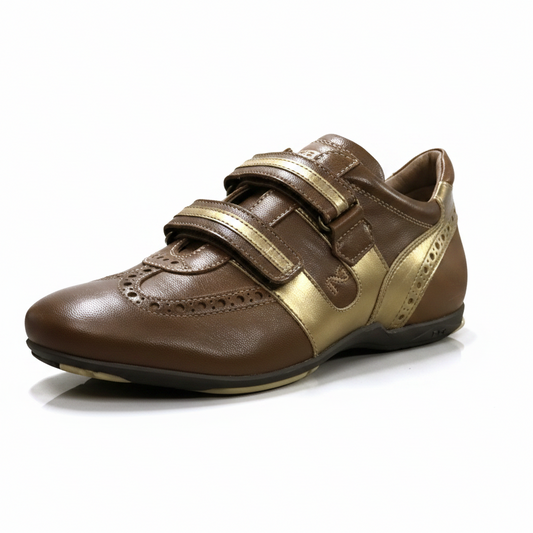 Sneakers Uomo con chiusura a strappo NeroGiardini 0761 - Vera Pelle, Marrone e Oro