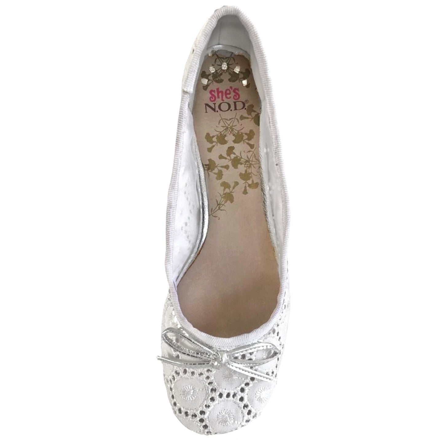 N.O.D. Ballerine in Pizzo Bianco con Fiocco Argento, Vera Pelle, Suola in Gomma