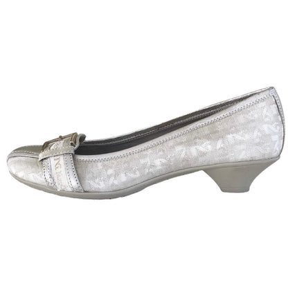 Scarpe Décolleté da Donna con Tacco Basso, Tessuto Monogram Argento, Vera Pelle