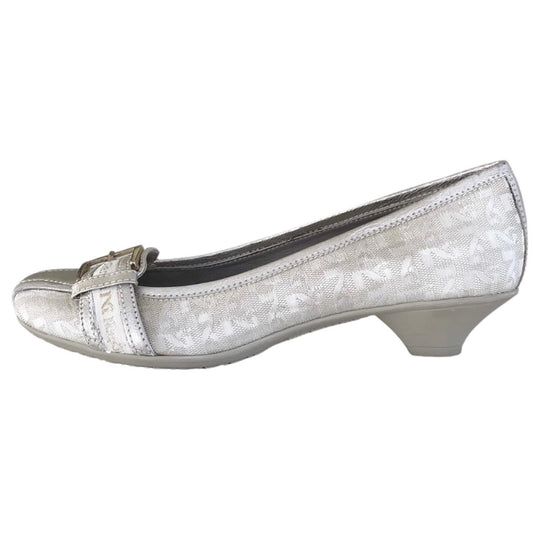 Scarpe Décolleté da Donna con Tacco Basso, Tessuto Monogram Argento, Vera Pelle