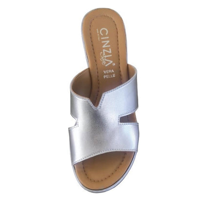 Ciabatte Donna Cinzia Soft 342 vera pelle argento, tacco a blocco con plateau