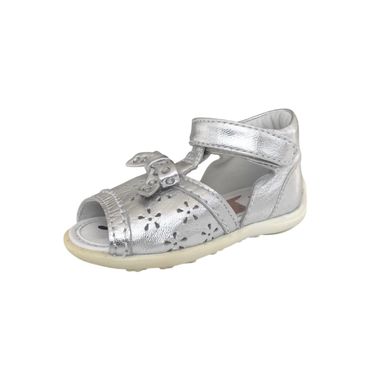 Sandali Bambina Chicco, Vera Pelle, Argento Laminato, Decorati con Fiocco e Strass