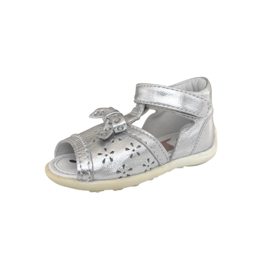 Sandali Bambina Chicco, Vera Pelle, Argento Laminato, Decorati con Fiocco e Strass
