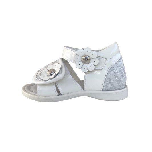 Sandali Bambina NeroGiardini Vera Pelle Naplak, Tessuto Argento Jaquard Monogram, Decorazione Floreale